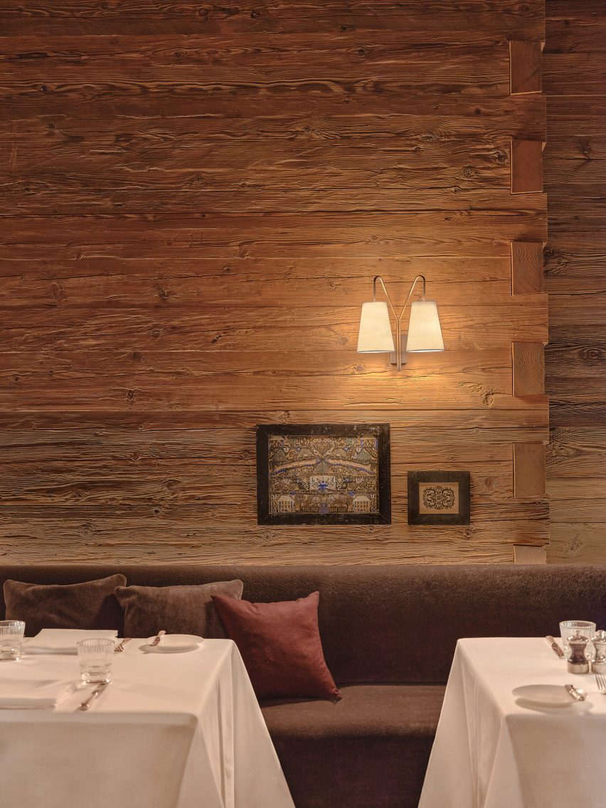 View of wood-clad restaurant interior