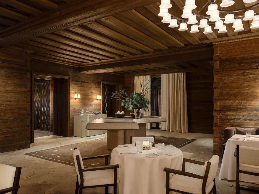 View through wood-clad restaurant interior