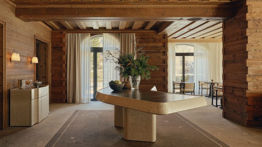 wooden clad restaurant interior with buffet table