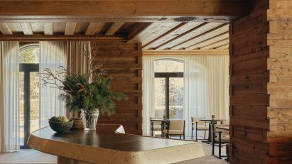 View through wood-clad interior of restaurant