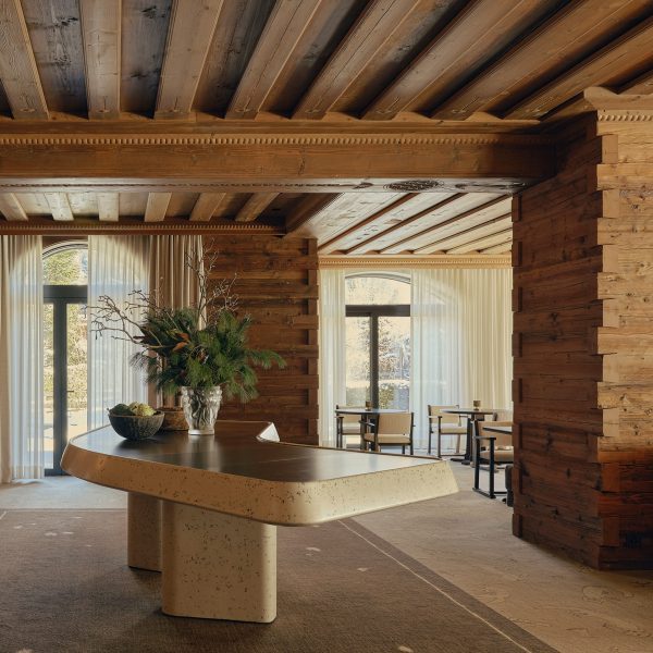 View through wood-clad interior of restaurant