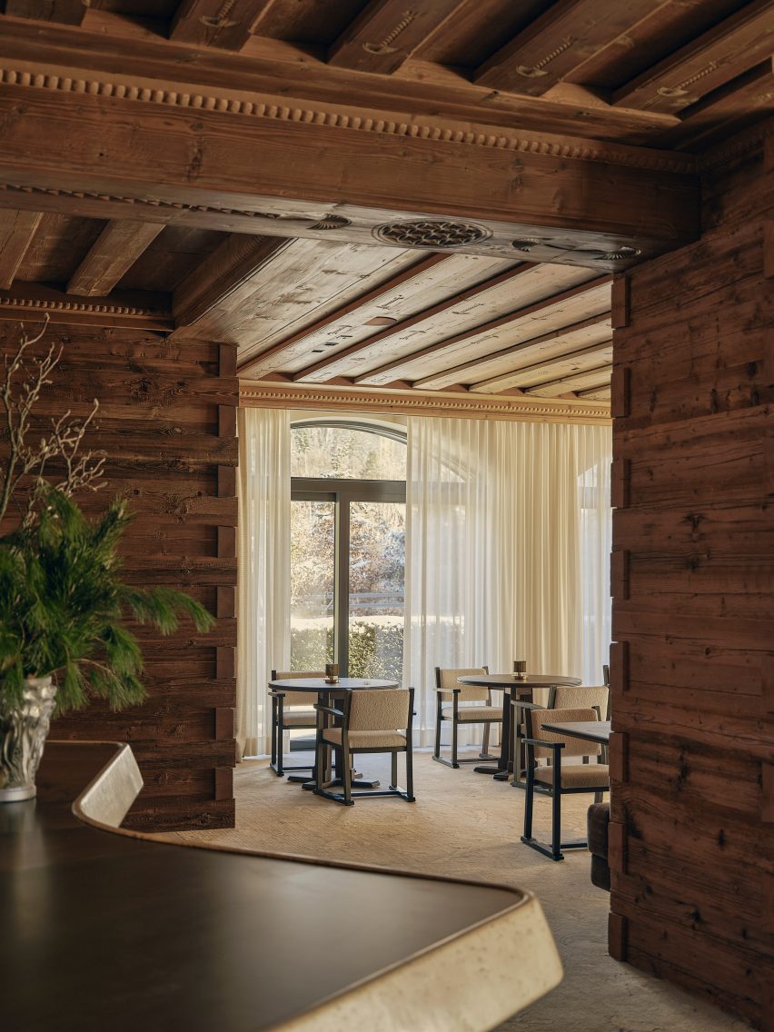 View through wood-clad restaurant interior