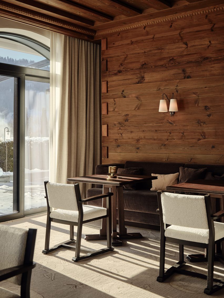 View through wood-clad restaurant interior