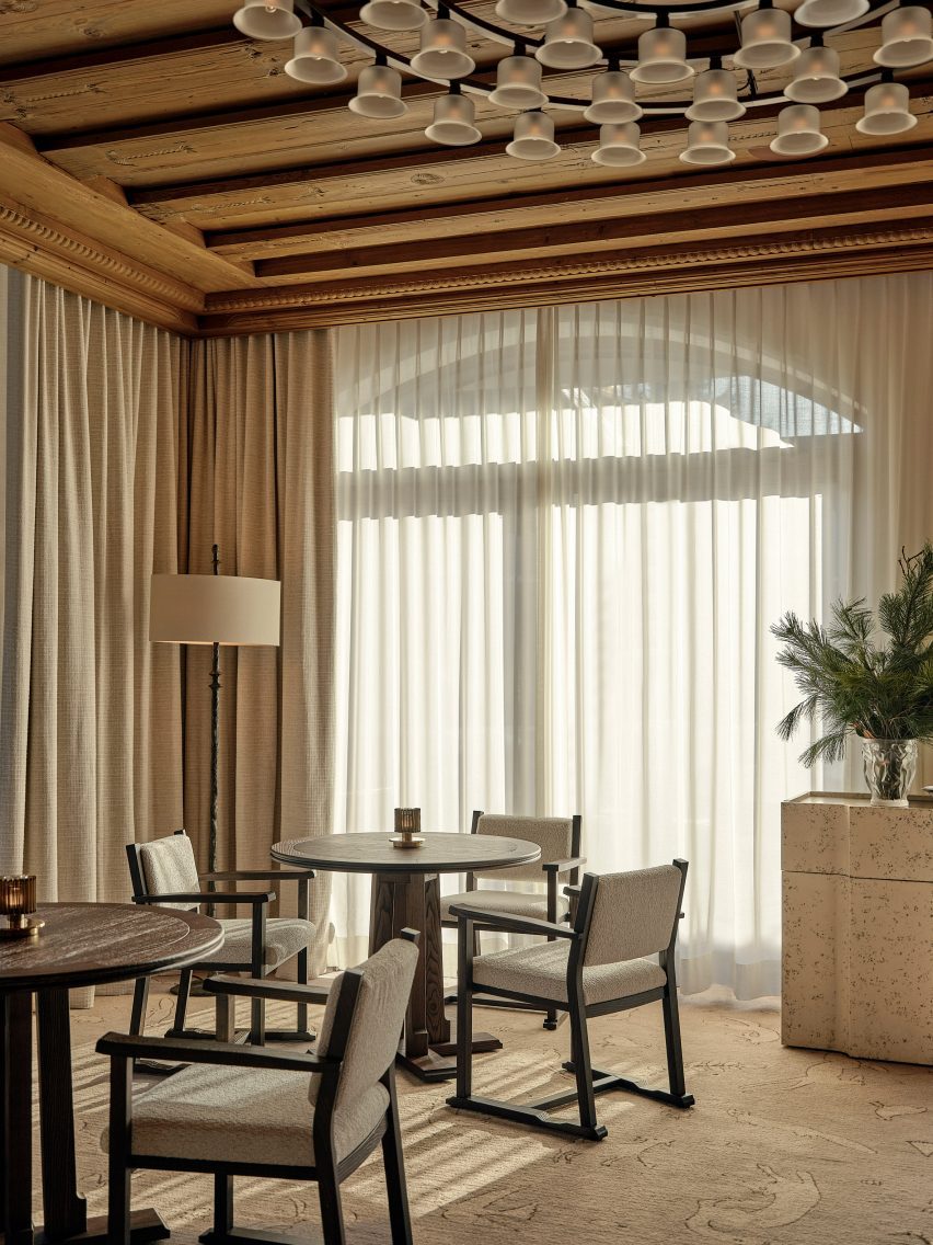 Chairs with wooden "skis" in a restaurant