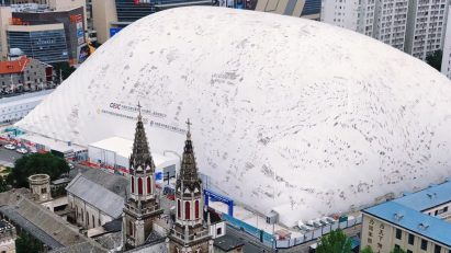 Inflatable dome next to church in Jinan