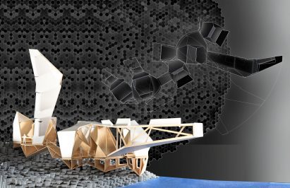 a photograph of an architectural model against a black backdrop