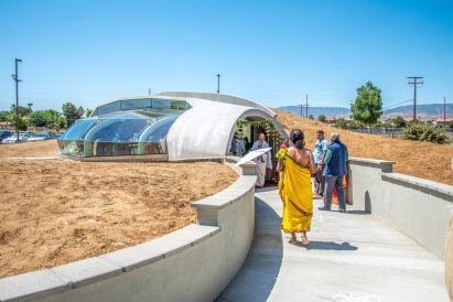 Glass-clad meditation space at Hindu temple in California