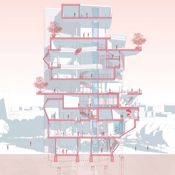 a diagram of a building in tones of pink, blue and red