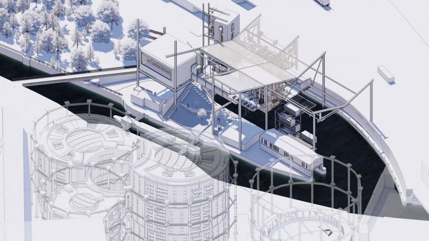 a visualisation of a film production site in tones of blue and white
