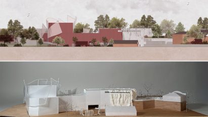 a design for a dance centre in tones of white and red