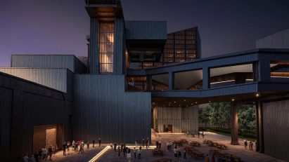 a visualisation of a building illuminated at night
