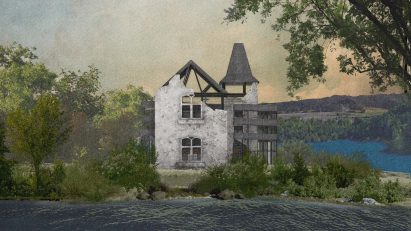 a visualisation of a ruined house in tones of white and brown