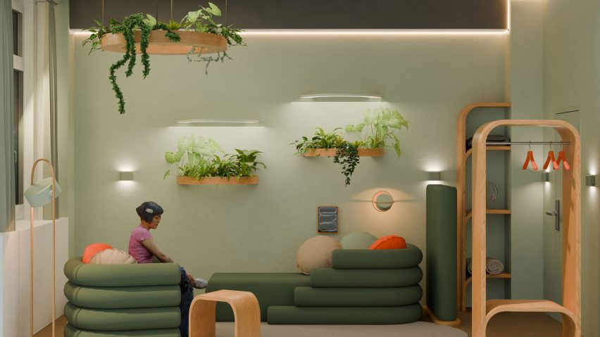 a visualisation of a room in tones of green