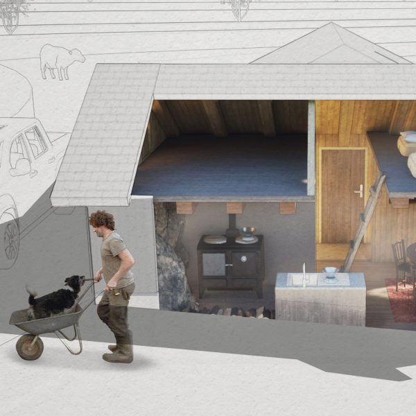 a visualisation of a house in tones of grey