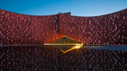Sandstone visitor centre China at twilight