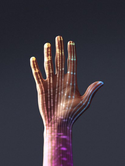 Image of the palm of a person's hand overlaid with graphics of faint lines in different colours running from the fingertip to the wrist to show connections