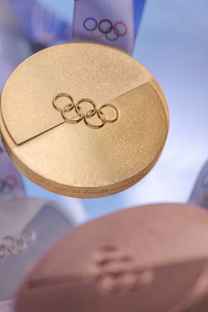 Close-up of gold medal for Milano Cortina Winter Games