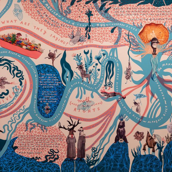Close-up photo of the The More-Than-Human Rights Mural by Elena Landinez and César Rodriguez-Garavito in the Design Museum London