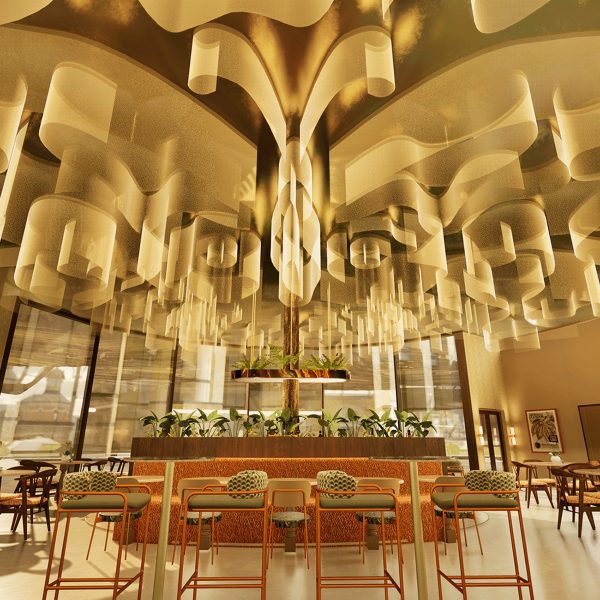 Interior of restaurant with gold ceiling