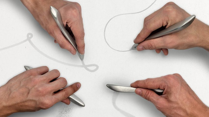 Four hands each holding silver coloured writing implements and making pale grey marks on a white surface with them