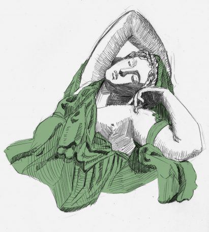Drawing of someone wrapped in green fabric in a reclined pose