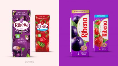 Ribena juice cartons with new and old logo