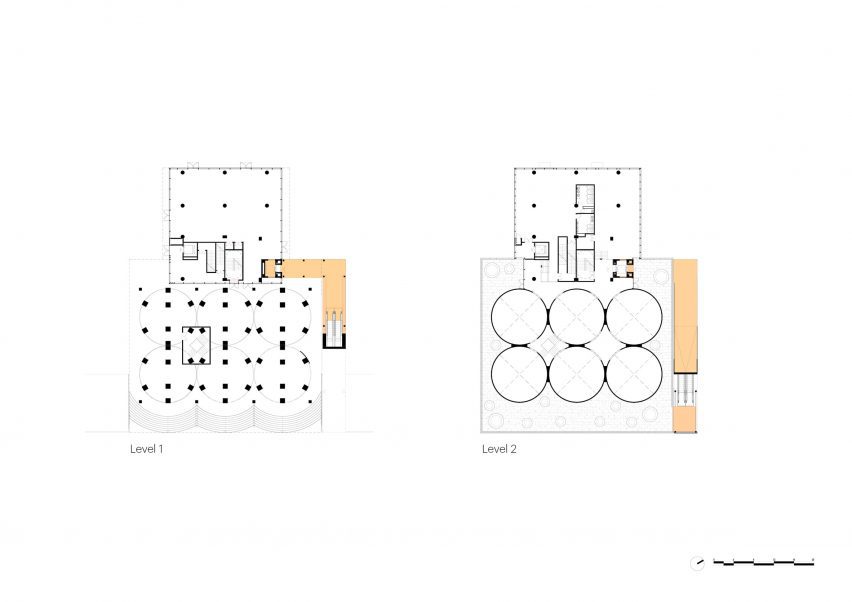 Level 1 and 2 plans of the silo building at Gate M West Bund Dream Center by MVRDV