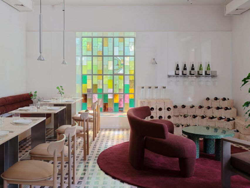 Stained glass window and seating area