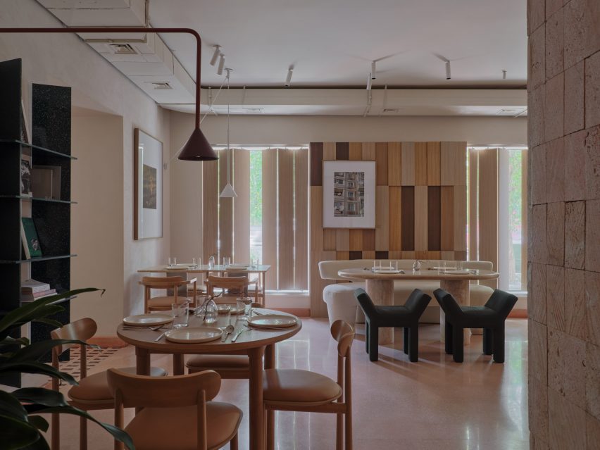 Wooden shutters in main dining hall at Six Coffee Wine
