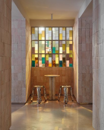 Shel limestone walls and stained glass windows