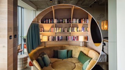 Conversation pit in 25hours Hotel Bikini Berlin 2025 renovation by Studio Aisslinger