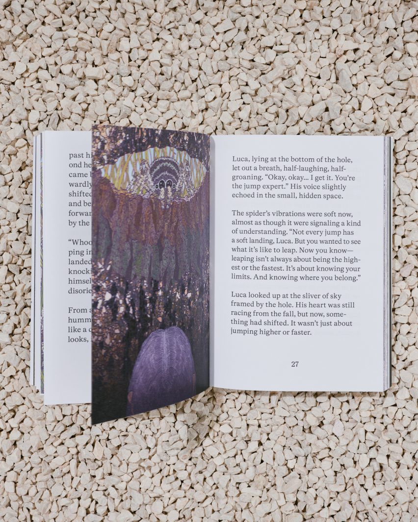 Photo of a spread from Formafantsma's The Down Under book showing a page of large text next to a complex, abundantly detailed drawing of a spider peering down a hole