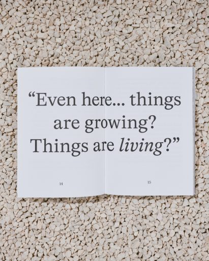 Photo of a double-page spread from the book The Down Under reading "Even here...things are growing? Things are living?" in giant letters