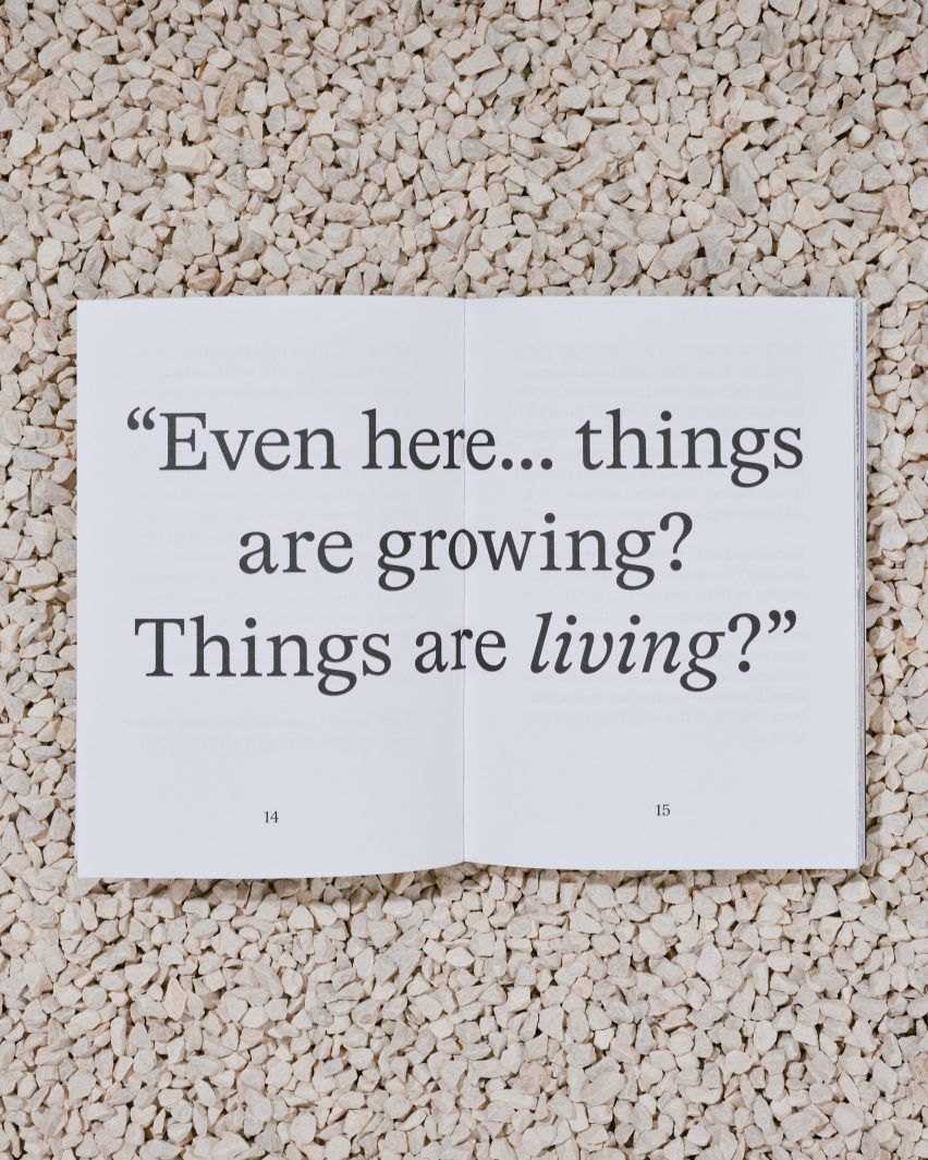 Photo of a double-page spread from the book The Down Under reading "Even here...things are growing? Things are living?" in giant letters