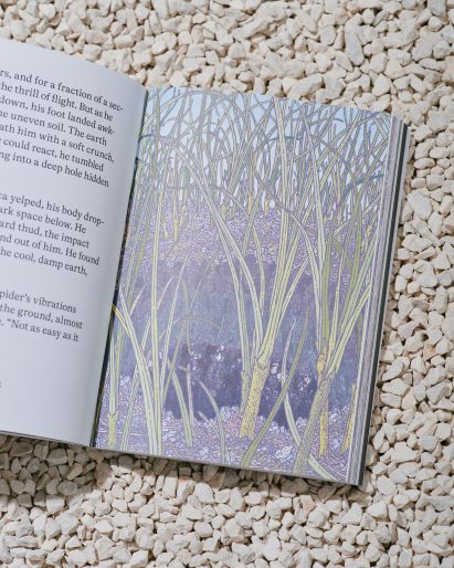 Photo of a page from The Down Under book showing an full-page close-up illustration of tall grasses in soft pastel colours