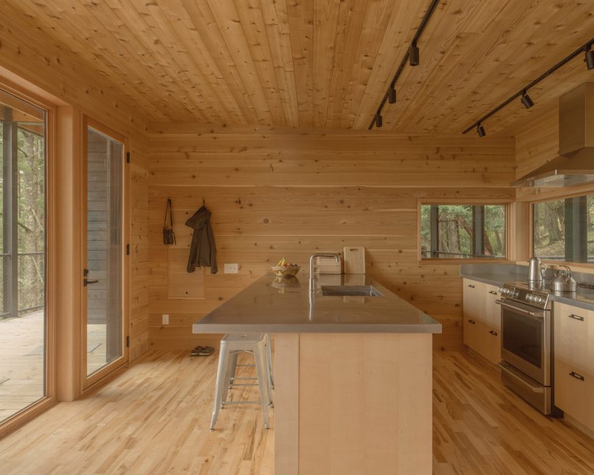 Black cabin in forest
