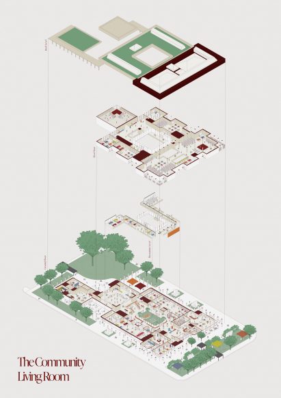 a diagram of a building design in tones of green, brown and white