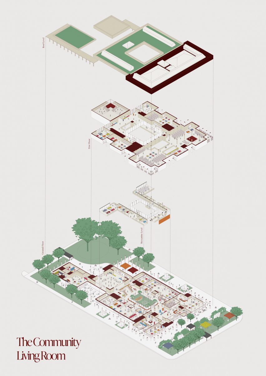 a diagram of a building design in tones of green, brown and white