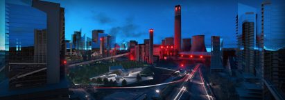 a visualisation of a city skyline in tones of red and blue