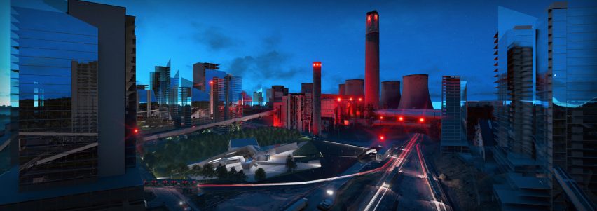 a visualisation of a city skyline in tones of red and blue