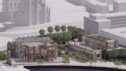 a visualisation of a group of buildings in tones of grey and brown