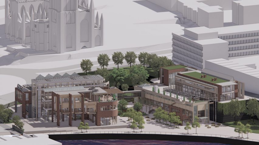 a visualisation of a group of buildings in tones of grey and brown