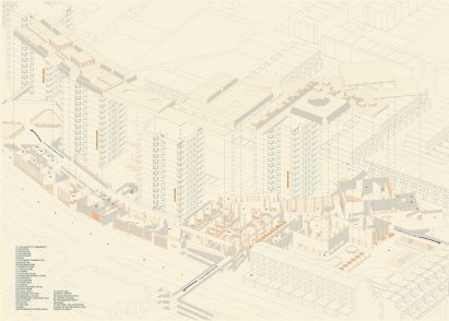 a diagram of buildings in tones of yellow and grey