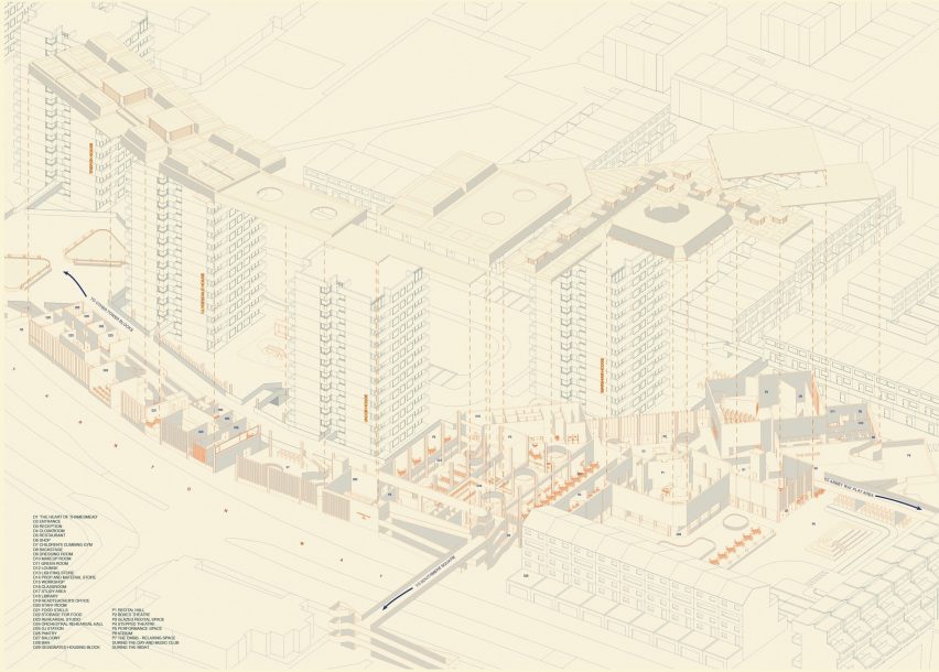 a diagram of buildings in tones of yellow and grey
