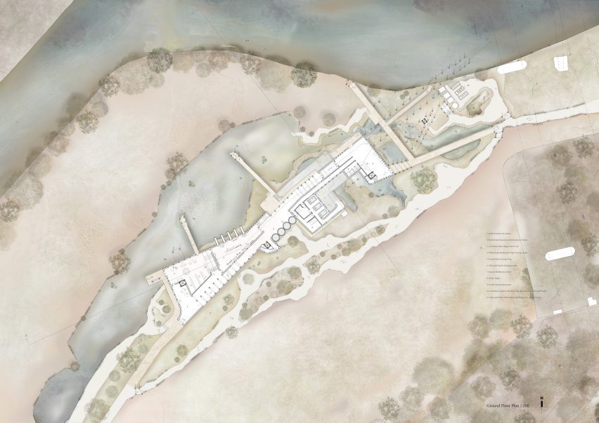 an illustration from above of a river and land in tones of brown