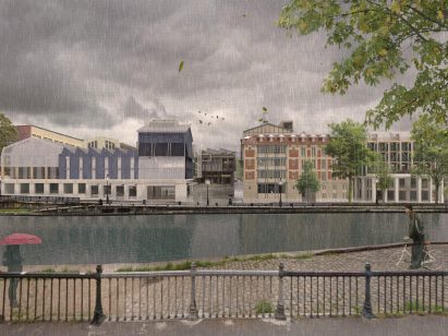 a visualisation of buildings along a river in the rain