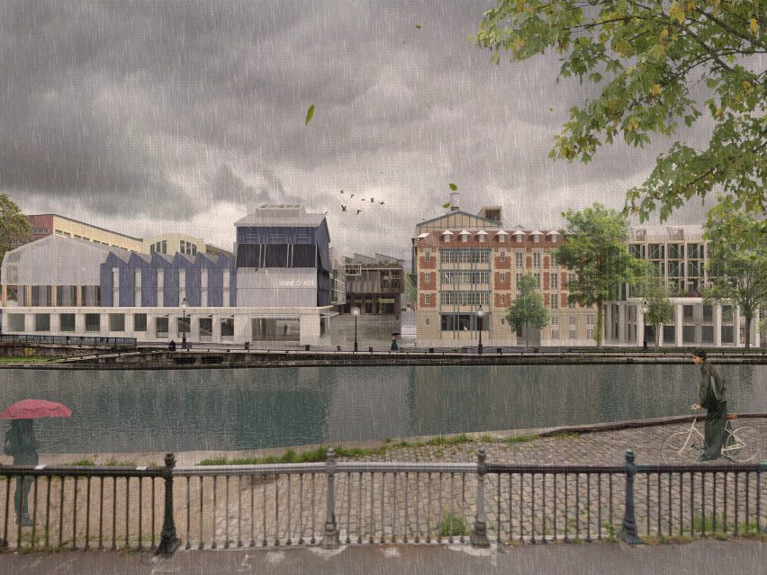 a visualisation of buildings along a river in the rain