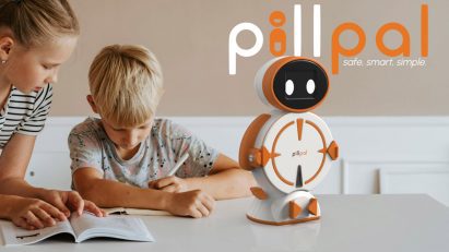a photograph of an adult and child using a robot device