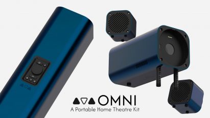 a photograph of blue devices for a home theatre kit