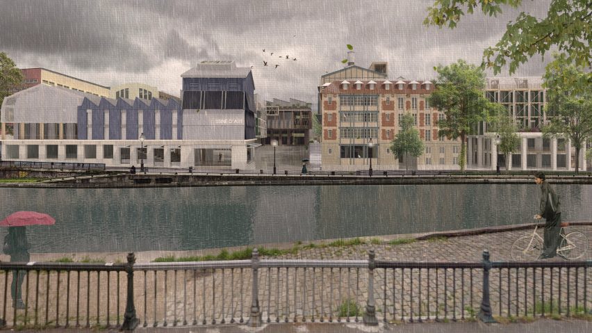 a visualisation of buildings along a river in the rain